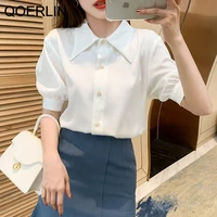 qoerlin korean fashion summer women short sleeve white shirts turn down single breasted tops blouse elegant office ladies s xxl