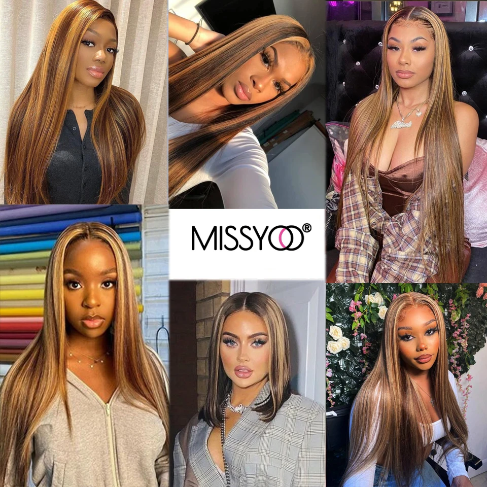 

4x4 Lace Closure Wig Highlight Wig Ombre Brown Colored Human Hair Wig 13x1 T Part Lace Wig Straight For Black Women Honey Blonde