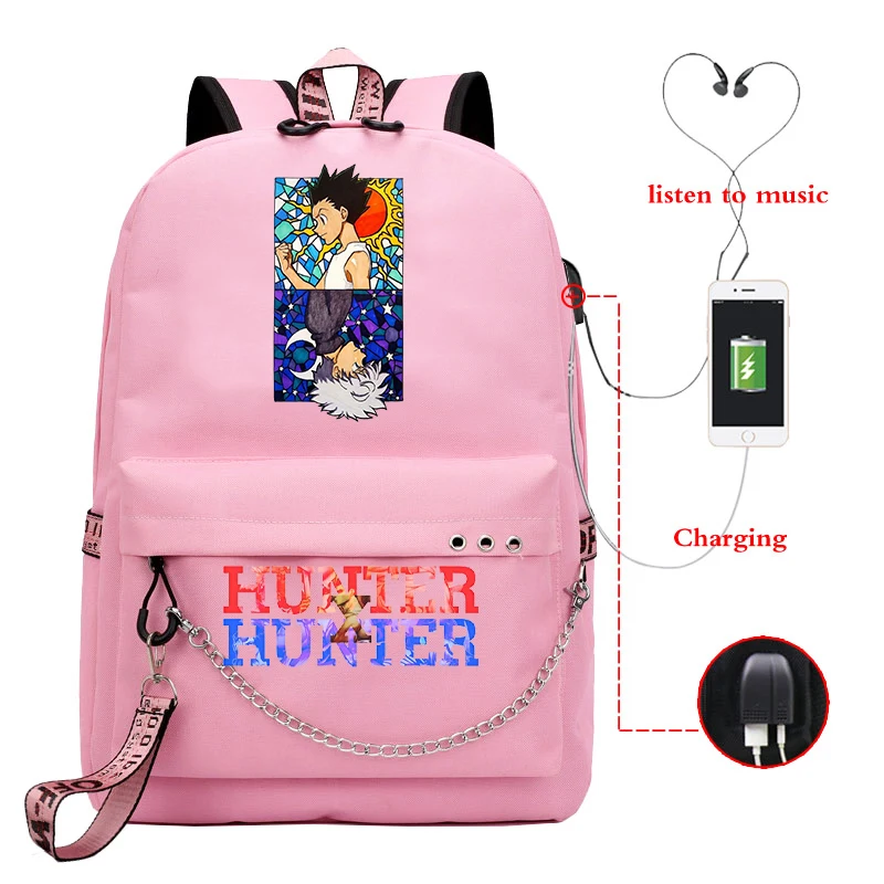 

Students Hunter X Hunter Print USB School Bags Boys Girls Teens Cartoon Anime Backpacks Children Knapsack Kids Rucksack Mochila