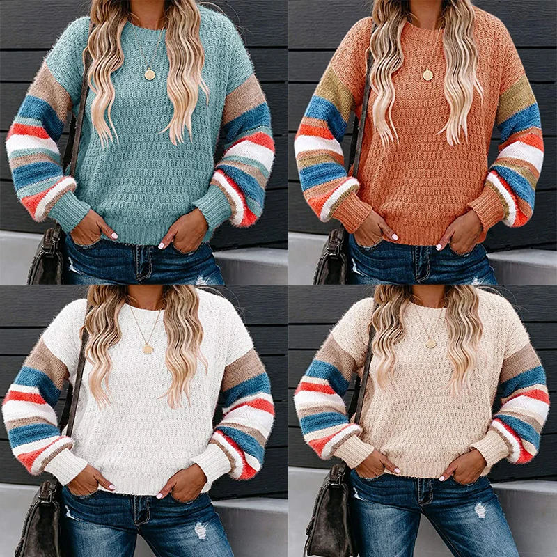 Вязаный свитер с длинным рукавом для женщин в полоску кофта вырезом пуловеры 2020