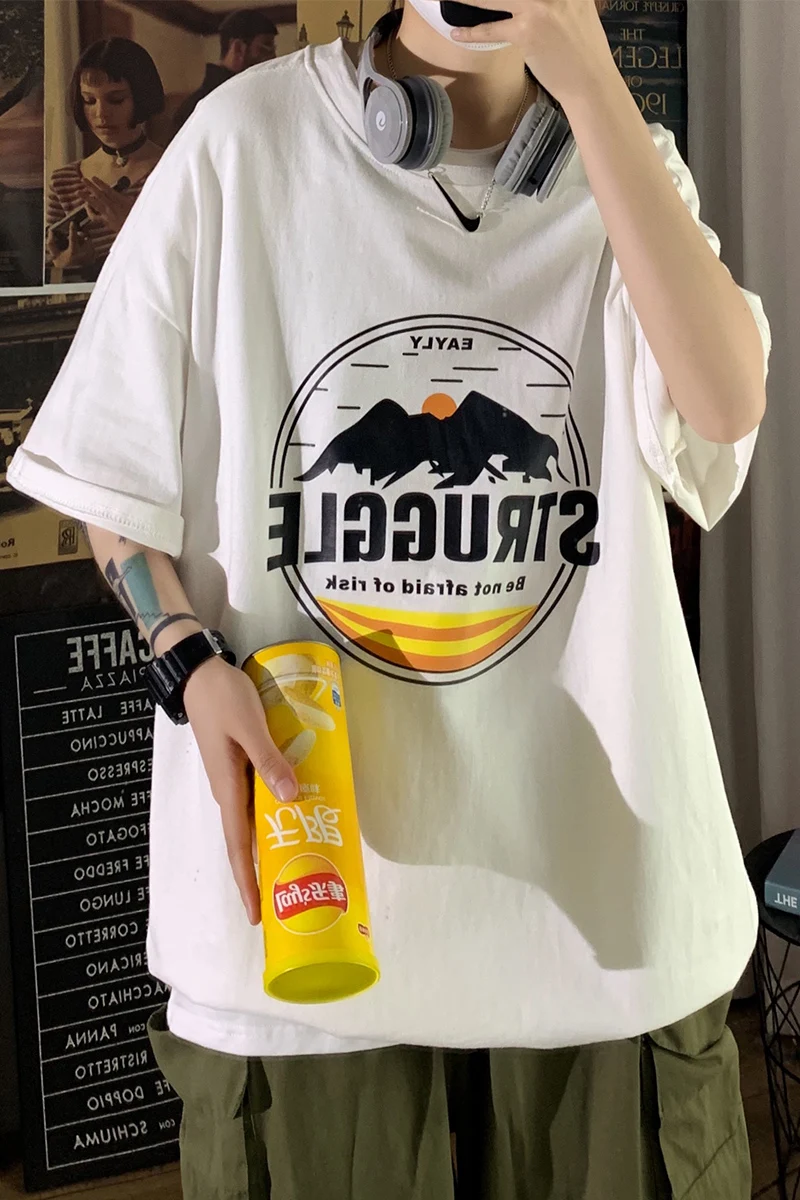 

Short-Sleeved T-shirt Men's 2021 Loose Fashion Brand All-Match Top Ins Casual Trend Printed Half Sleeve