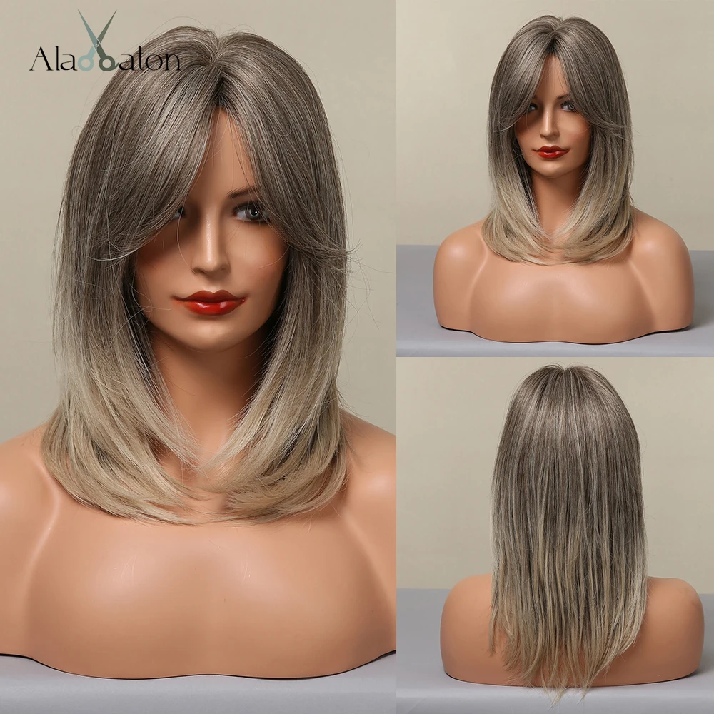 

ALAN EATON Omber Ash Gray Straight Layered Wigs with Long Side Bangs Medium Length Synthetic Wigs for Women Daily Heat Resistant