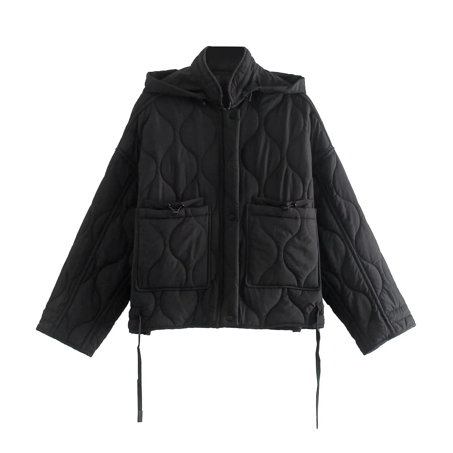 

Woman 2021 Casual Traf Parkas Fall Winter Thin Quilted Padded Jackets Drawcord Hem Pockets Hooded Loose Coats