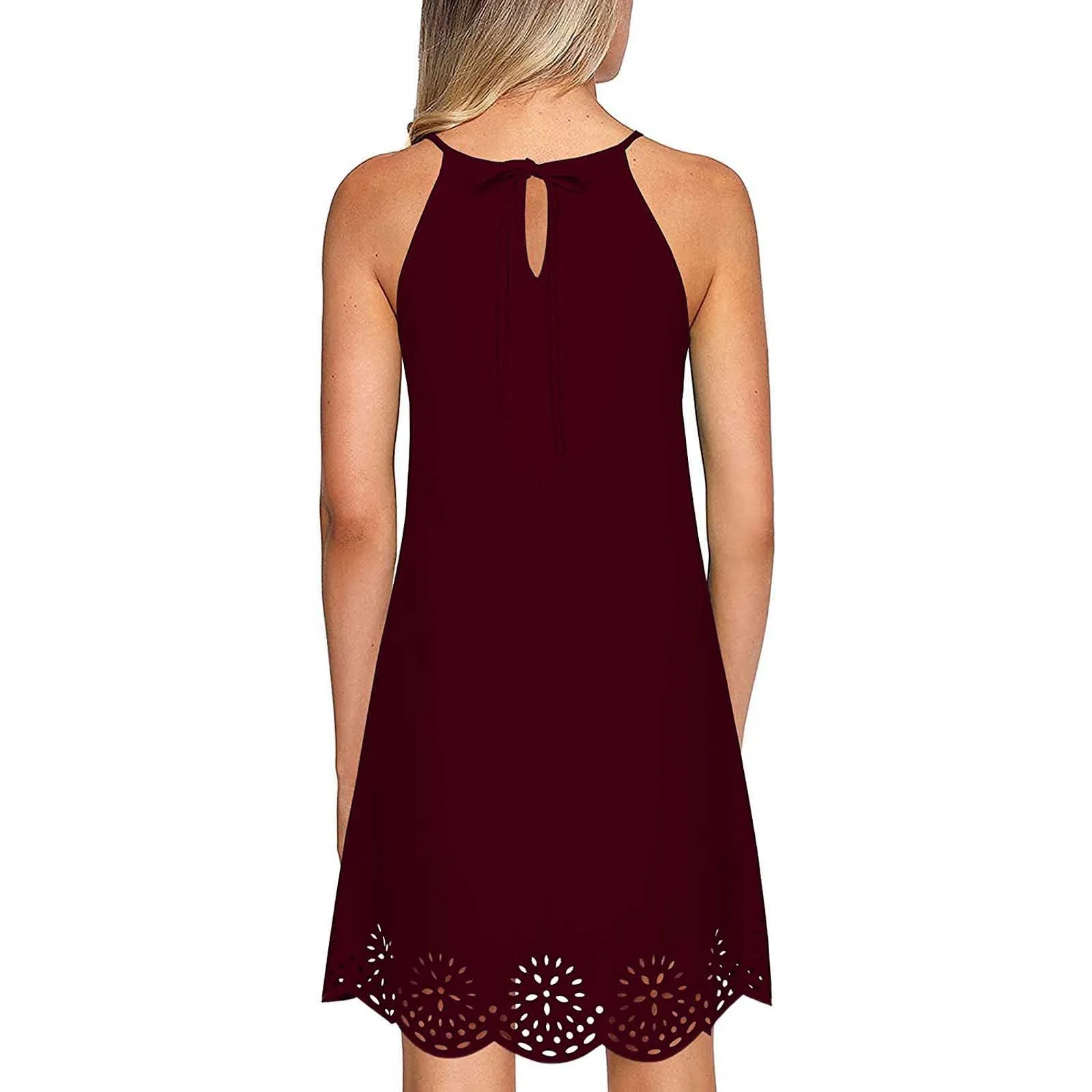 

Dress Casual Loose Solid Color Flower Hollow Out O-neck Summer Sleeveless Korean Beach Dresses for Women Vestidos De Mujer