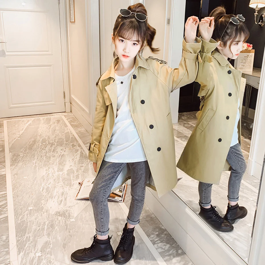 

Fashion Long Jacket Solid Color Girl Coat Kids Casual Style Childrens' Spring Autumn Clothing 6 8 10 12 14 windbreaker clothes