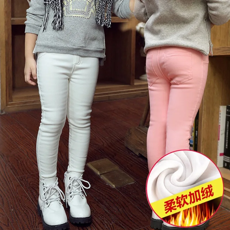 Теплые детские джинсы для девочек с имитацией зимние плотные бархатные длинные