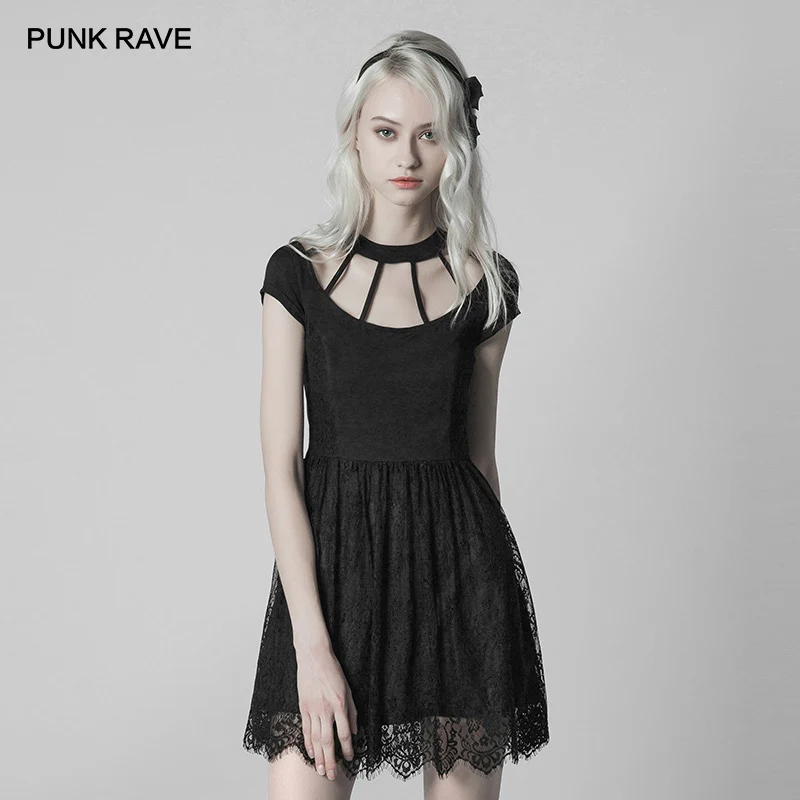Женское кружевное платье с коротким рукавом в стиле панк черное повседневное