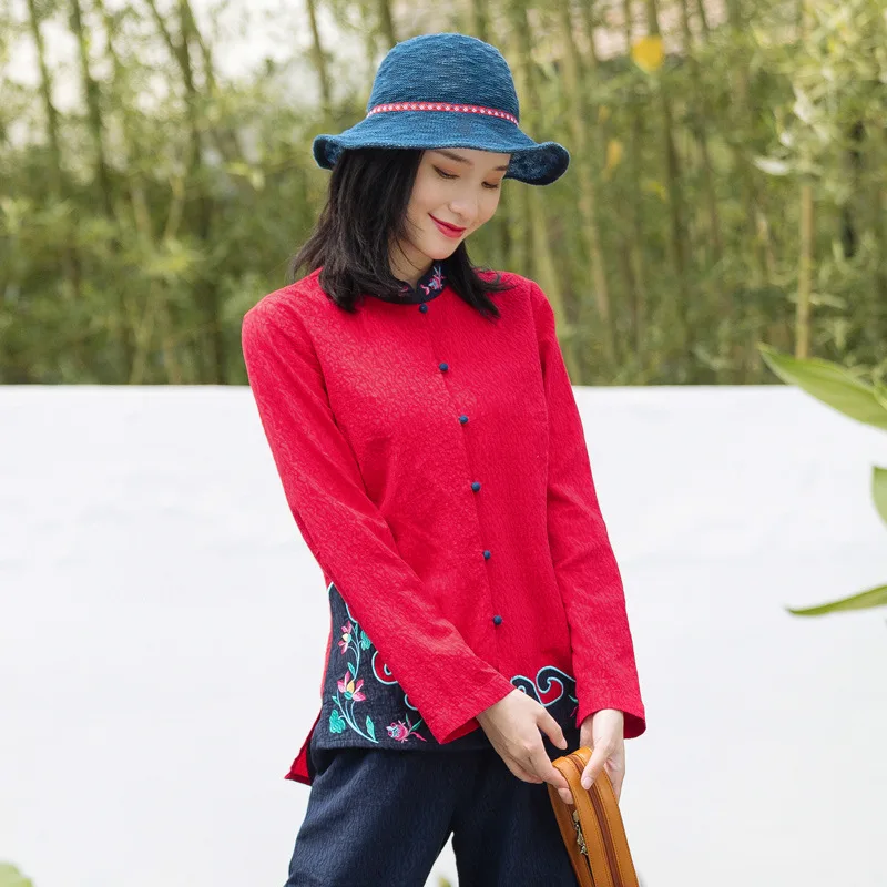 Национальный стиль ретро Красная Вышивка с длинными рукавами куртка женская