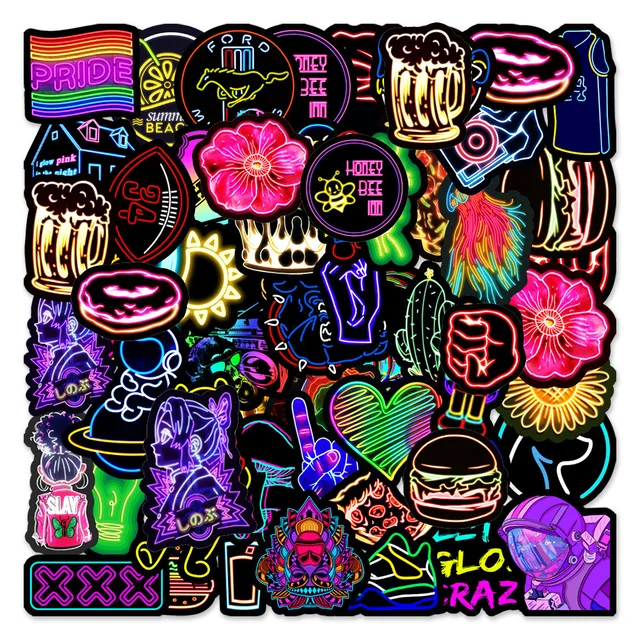 10/30/50pcs Cartoon Neon Light Stickers Cute Decals Graffiti DIY Motorcycle Phone Guitar Bike Laptop Guitar Car PVC Sticker Gift 3