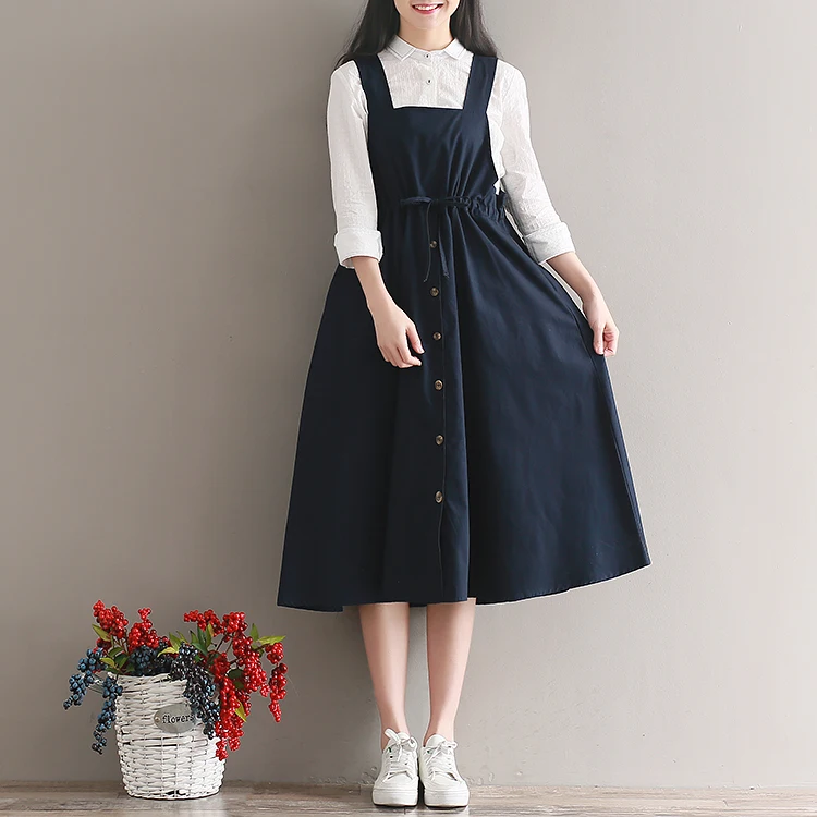 

Preppy Style Vintage Summer Dress Women Cotton Linen Casual Loose Vestidos Spaghetti Strap Sleeveless Female Dress