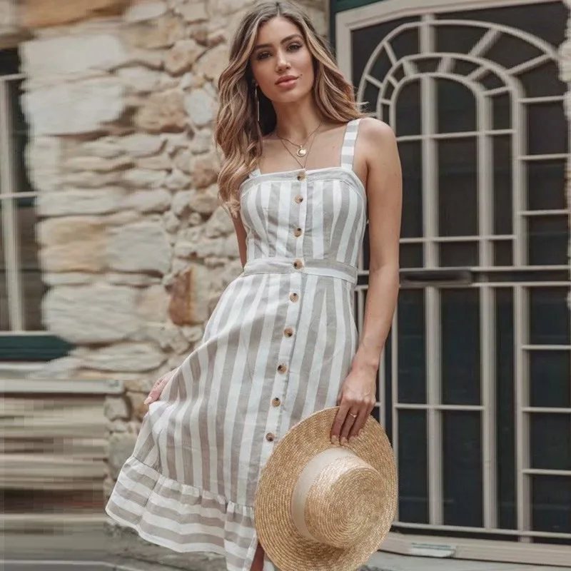 

vertical stripe back bow-tie strappy a-line dress summer dress women