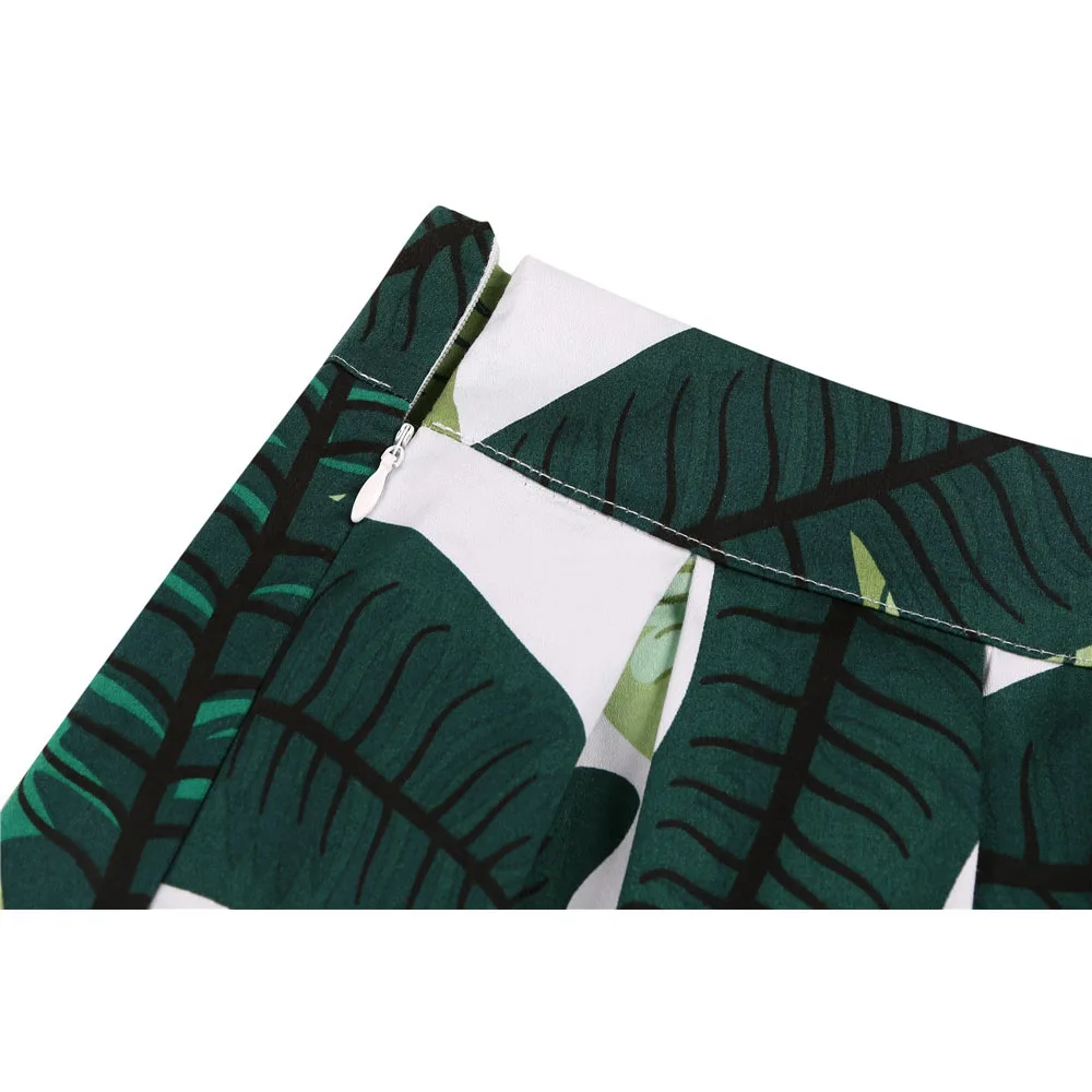 

Pleated Women Summer Cotton Skirt Casual Green Leaf Print High Waist A-Line Elegant Chic Office Ladies Midi Skirts Faldas Jupe