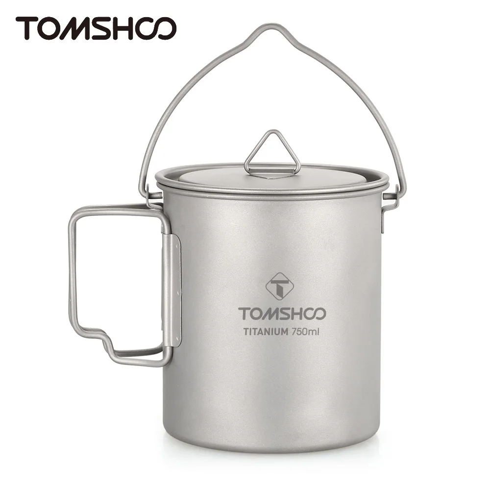 Tomshoo Ultralight 750ml Titanium Pot Portable Titanium Water Mug Cup Lid Foldable Handle Outdoor Camping Picnic Supplies  - buy with discount