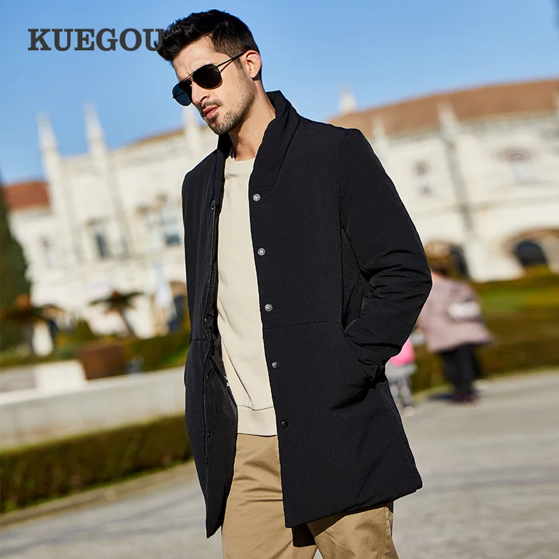 

KUEGOU Polyamide spandex Men's coat slim fashion warm winter Medium length men clothes padded jacket black UW-0281