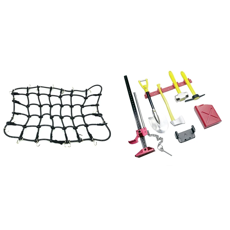 

2 Set RC Car Part: 1 Pcs Luggage Roof Rack Net & 1 Set RC Decoration Accessories Tool Set Kit