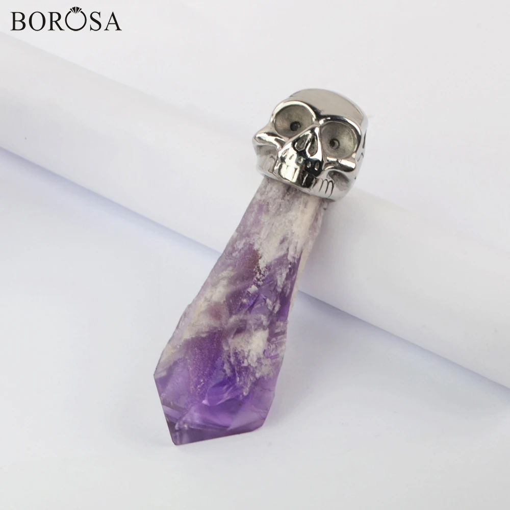 

BOROSA Gold Silver Color Skull Raw Purple Crystal Quartz Pendants for Necklace Trendy Natural Amethysts Points Jewelry WX1386