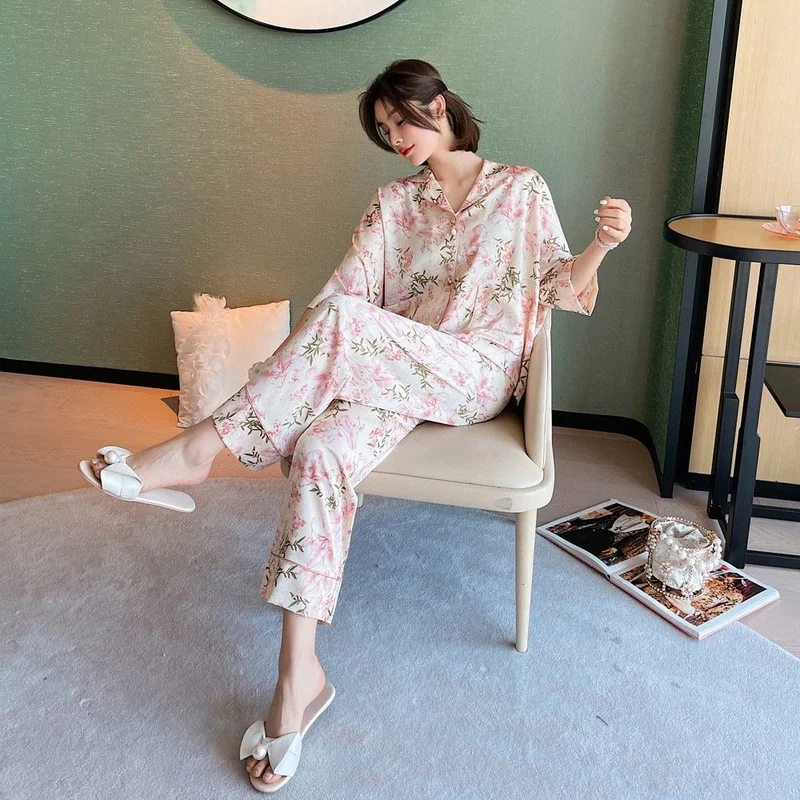 QWEEK Silk Pajamas for Women Floral Print Sleepwear Autumn Female Set Woman 2 Piece Nightwear Elegant Suit Bat Sleeve Loungwear
