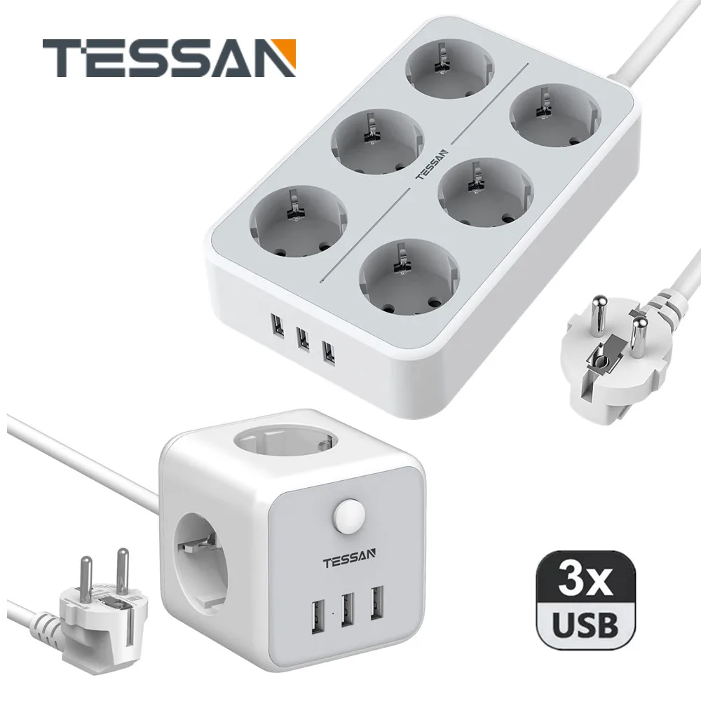 

TESSAN Electrical Socket Power Strip EU Plug with 3 USB Ports 6 EU Outlets Switch 2M Socket Extension Cable Overload Protection