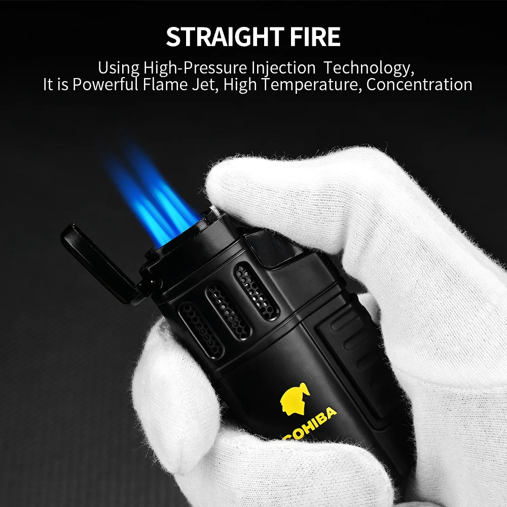 

COHIBA Cigar Lighter 4 Torch Jet Flame Refillable Gas Cigar Lighter Bottom With Cigar Punch Portable Lighter Smoking Accessories