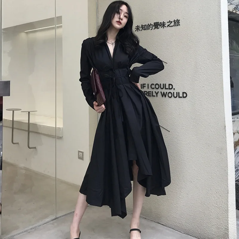 LANMREM однобортное женское платье с отворотом длинным рукавом на бретелях