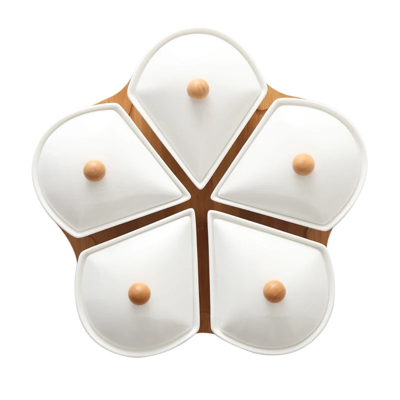 

Wooden Lid Ceramic Dried Fruit Tray Separated Snack Tray Creative Living Room Home Nut Tray Simple Afternoon Tea Snack Tray