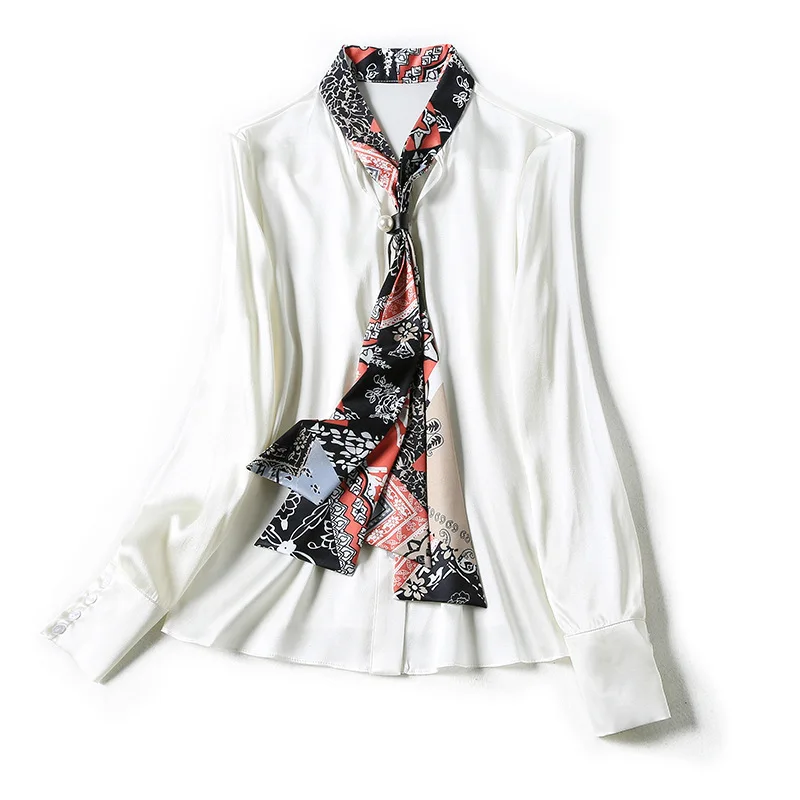 

New mulberry silk spell printing tie long sleeve shirts single breasted elastic silk satin shirt jacket