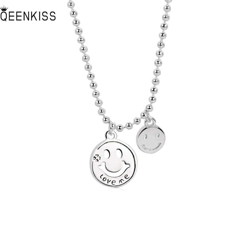 

QUEENKISS NC664Fine Jewelry Wholesale Fashion Lady Girl Birthday Wedding Gift Round Smiley 925 Sterling Silver Pendant Necklace