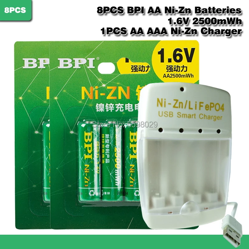 Высокое качество 8 шт. NiZn Ni-Zn 1 6 в AA 2500mWh аккумуляторная батарея + LiPO4 AAA USB умное