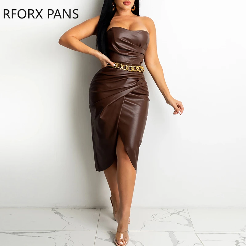 

Женское однотонное облегающее платье средней длины без бретелек из искусственной кожи с открытыми плечами