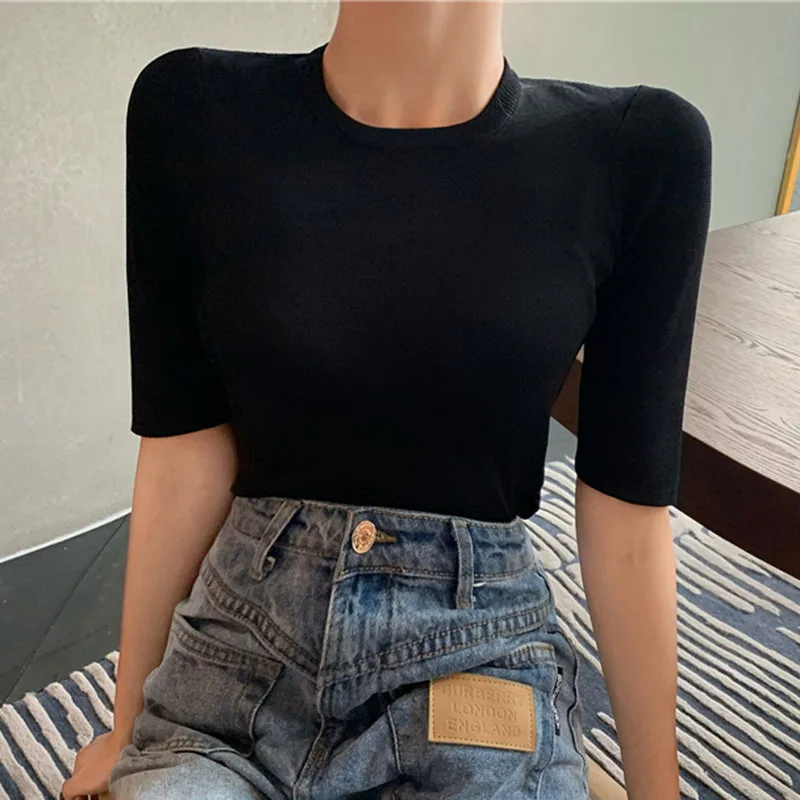 

Lucyever Korean Backless Hollowing Out T Shirt Womens Elegant Black Slim Fit Knitted Tshirt Woman O Neck Office Female Casual
