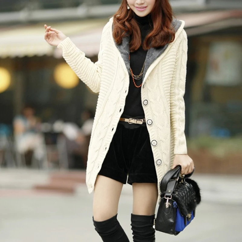 

2021 New Winter Hooded Cardigan Women Sweater Red White Coat Thick Warm Sueter Mujer Long Sleeve Female Knitted Outwear