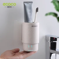 ecoco wall mounted toothbrush wheat straw wash holder storage rack magnetic toothbrush cup holder organizer for bathroom cup set