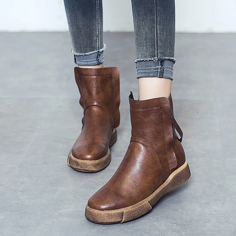 2019 Autumn Women's Boots Leather Flat Middle Female Casual Shoes Winter Fleece Platform Motorcycle for Women | Обувь