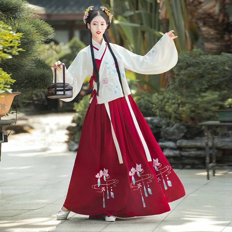 

Ming Dynasty Hanfu Women's Ancient Costume Standing Collar Short Jacket Pipa Sleeve Embroidered Horse Skirt Full Set Winter