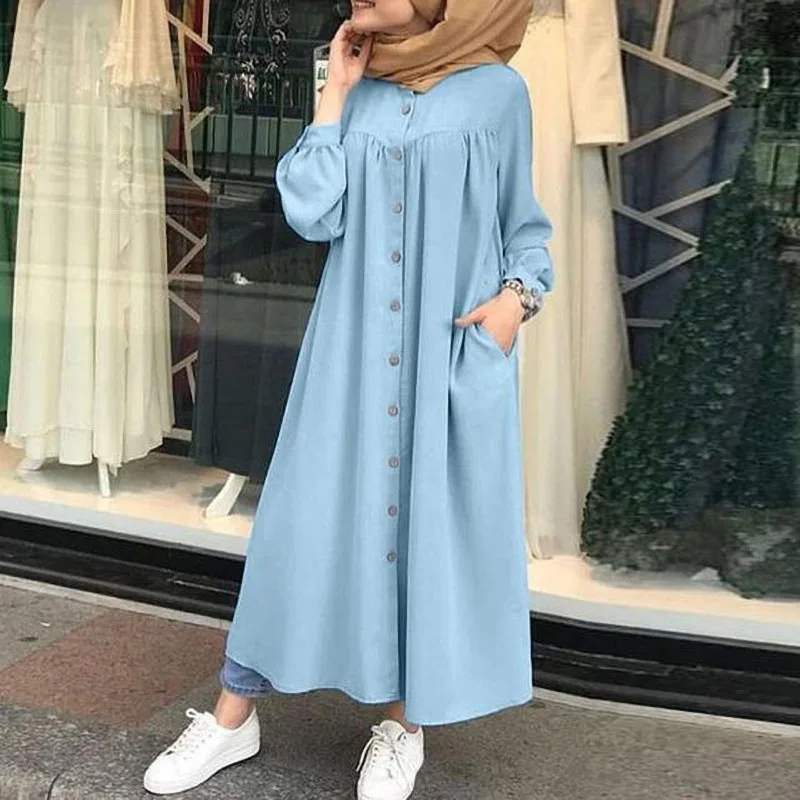 

Muslim Dress 2021 Woman hijab Shirt Dress Long Sleeve Maxi Vestidos Female Button Robe femme musulman High Wasit Solid Sundress