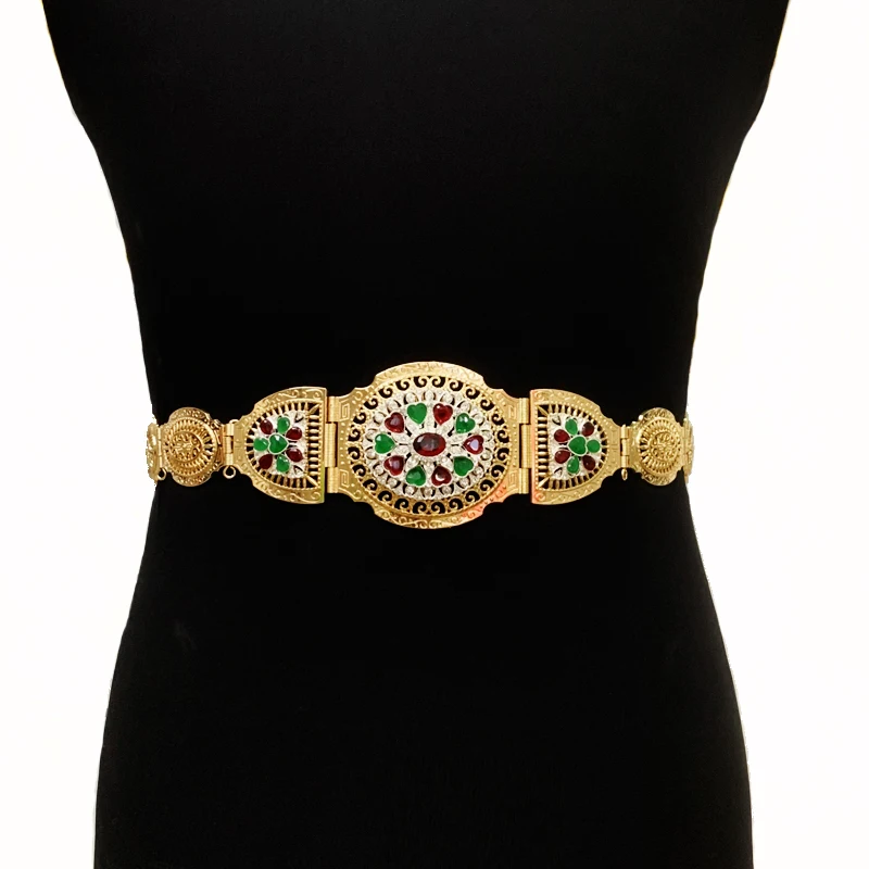 

Heart Shape Rhinestone Wedding Belts with Gold Plated Arabic Caftan Wedding Jewelry Mulism Metal Waist Chain Adjustale Length