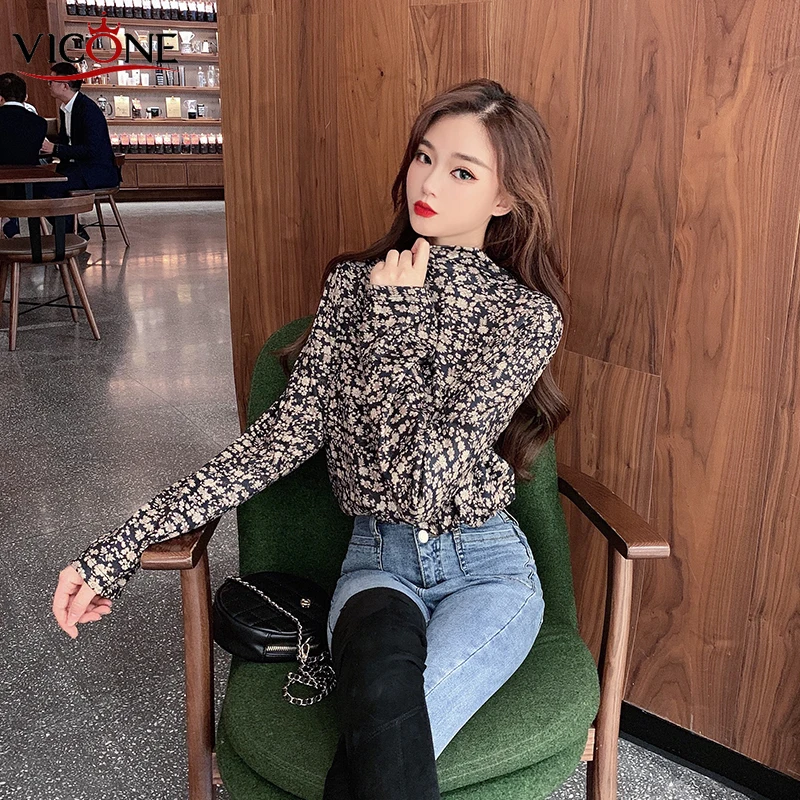 VICONE размера плюс водолазка Элегантные новые рубашки с принтом женские весенние