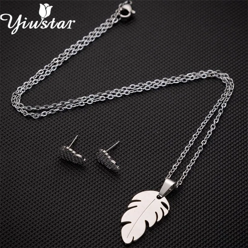 Yiustar Gold Trendy Feather Necklace Leaf Jewelry Sets for Women Stainless Steel Statement Earrings Girls Earing Bijoux | Украшения и