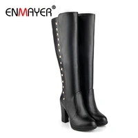 enmayer square heel round toe over the knee black boots over the knee boots solid pu rivet fur boots long snow boots women