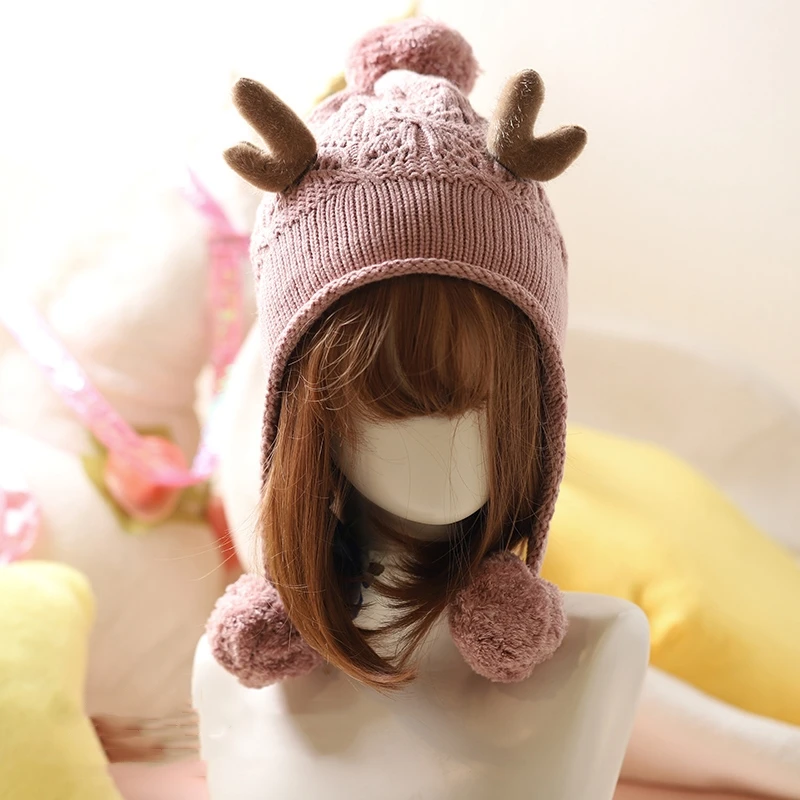 Шапка с рогом рождественского оленя и помпоном осенне-зимняя шапка в Корейском