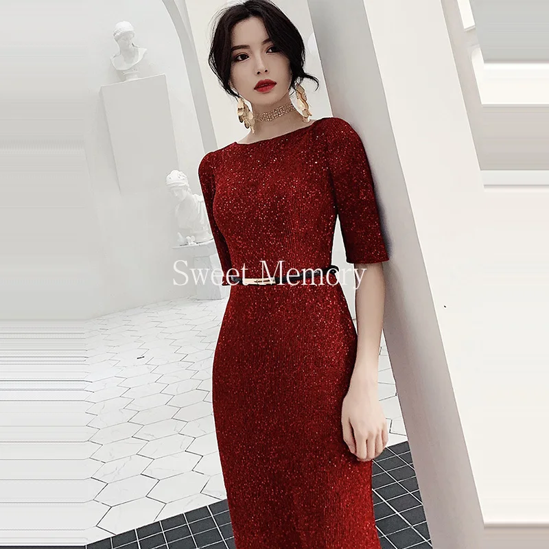 

2021 Half-Sleeve Sequin Evening Dresses Women Party Robe De Soiree O-Neck Formal Vestido De Festa Floor-Length Female Gown