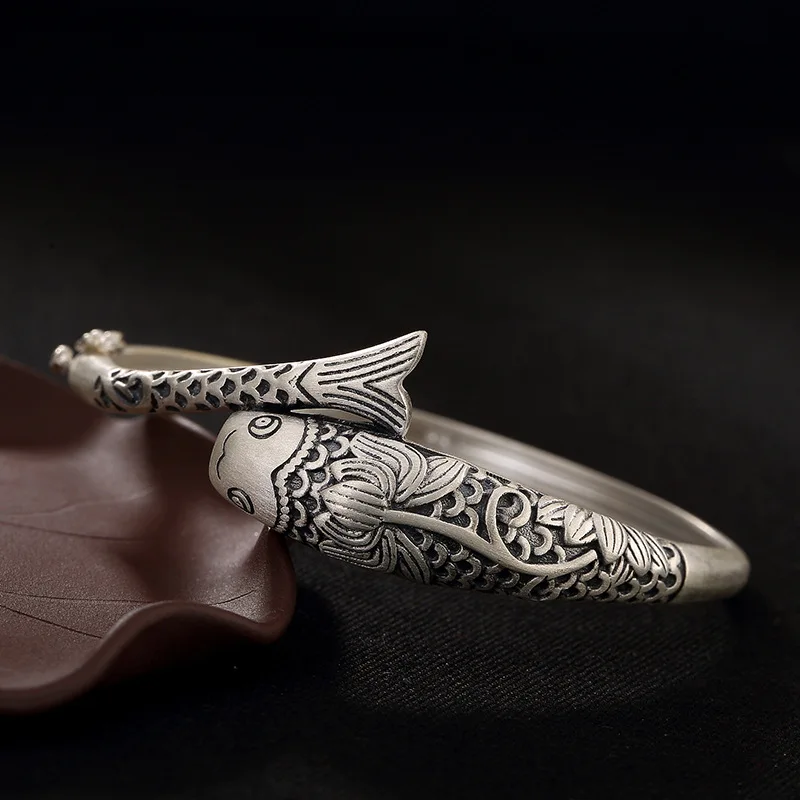 

Genuine Solid 990 Sterling Silver Bangles For Women Fish Engraved Lucky Bangles Inspirational Bracelets