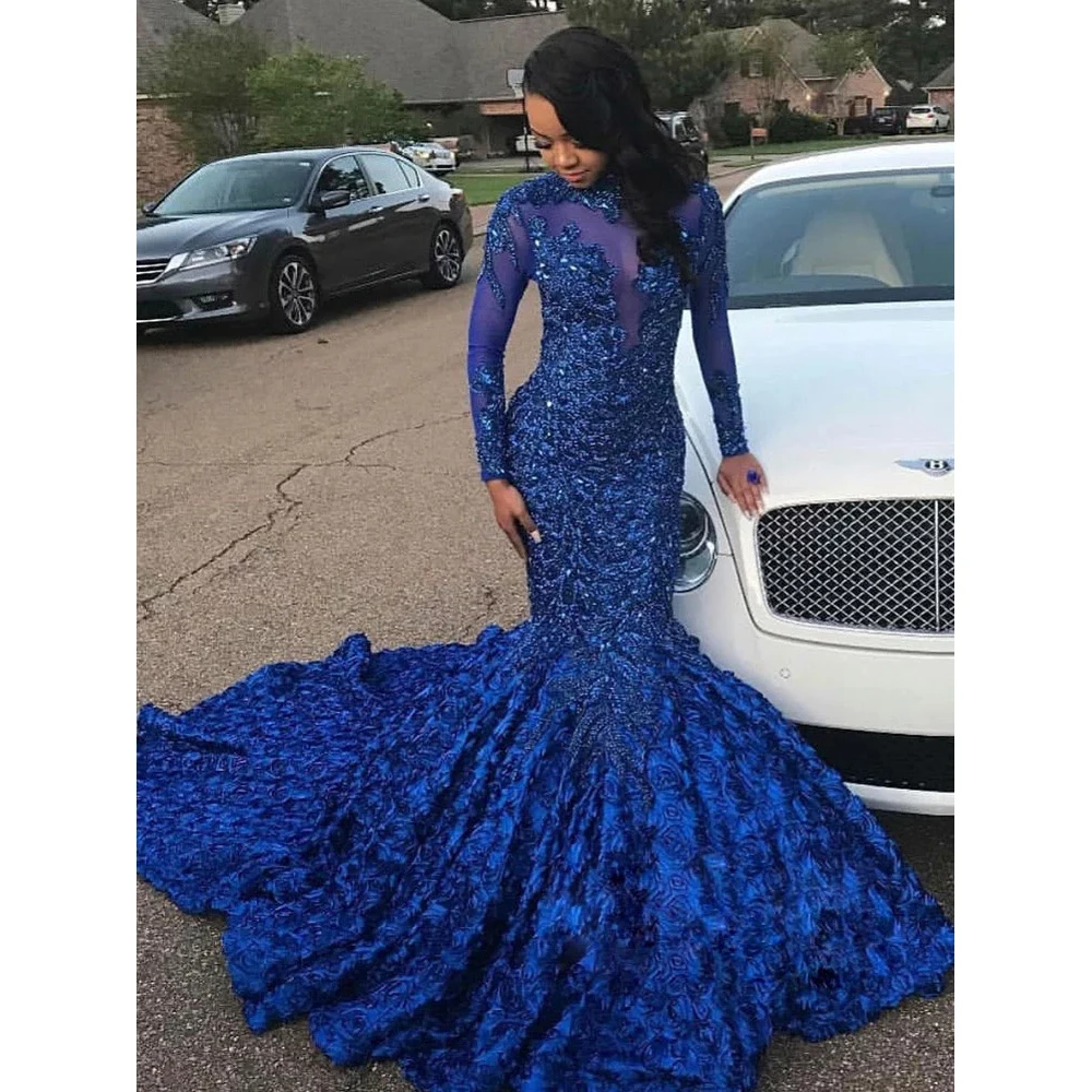 

Luxury Prom Dresses Lace Pleat Appliques Beading High Collar Full Sleeve Covered Button Mermaid Gowns Novia Do 2021 New Party