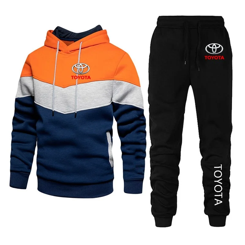

New Men Spring And Autumn Print Toyota Harajuku 2-Piece New Three-Color Stitching Hoodie Suit + Pants Sportswear v
