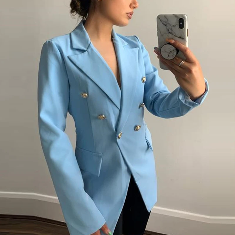 

2021 Office Lady Long Sleeve Jacket Women Buttons Double Breasted Solid Jackets Casual Long Sleeve Classic Fashion Blazer Mujer