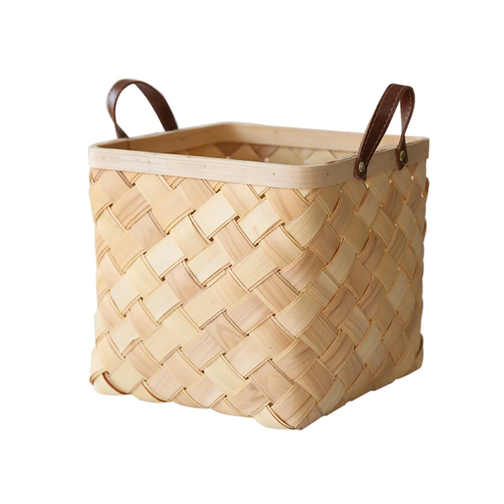 

1pc Woven Storage Basket Brown Storage Container with Leather Handles