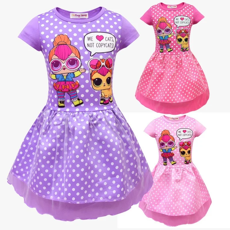 

Lol Surprise Doll Fashion Cartoon Girls Dress Mesh Skirt Double Pleated Skirt Children's Round Neck Short Sleeve Summer Dress