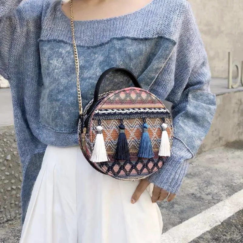 

Bohemian Satchel Leisurely Bag for Women Mini Round Solid Color Plaid Shoulder Handbags Women Small Round Tassel Crossbody Bags