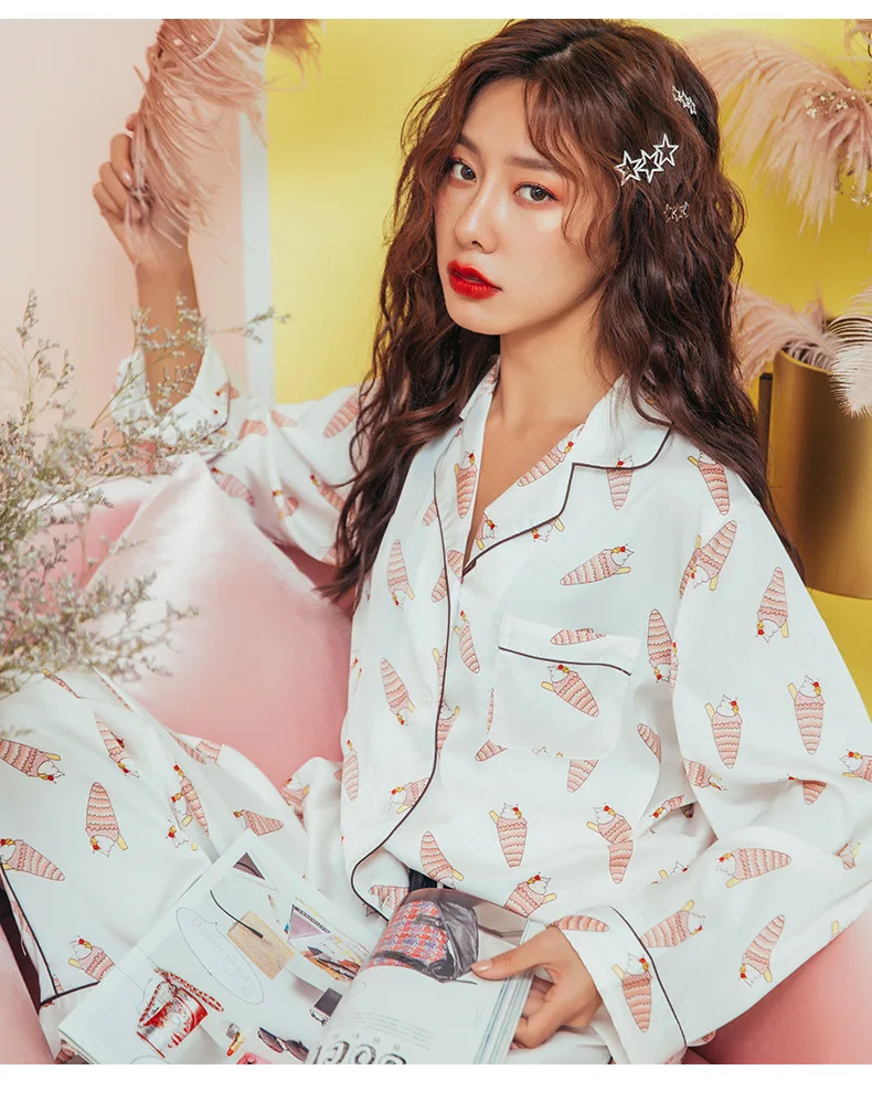 New Satin Pajamas Set Silk For Women Cartoon Sleepwear Pink Night Suit Cute Ice Cream Casual Homewear | Женская одежда