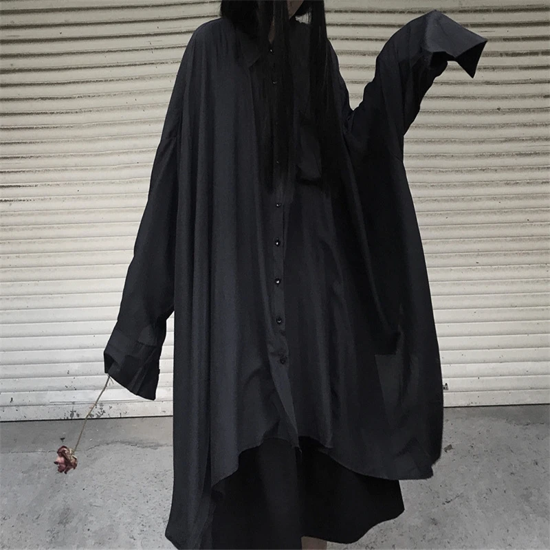 Style Harajuku Grunge Black Shirt Women Halloween Costume Long Sleeve Asymmetric Yamamoto Oversize Spring Autumn Normcore